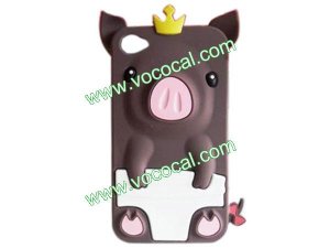 Brown 3D Pig Cartoon Animal Silicone Gel Case Cover for iPhone 4 4G 4S