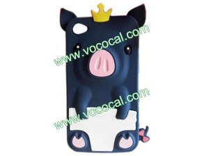 Dark Blue 3D Pig Cartoon Animal Silicone Case Cover for iPhone 4 4G 4S