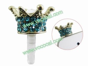 Rhinestone Crown 3.5mm Dustproof Earphone Jack Plug Stopper for Cellphone Azure