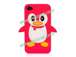 Red 3D Penguin Cartoon Silicone Case Cover Skin for iPhone 4 4G 4S