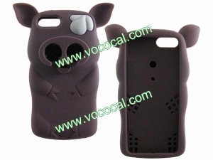 Cute 3D Silicone Pirate Pig Animal Earphone Holder Case for iPhone 5 Coffee