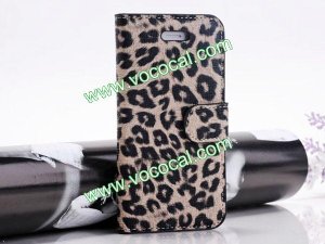 Luxury PU Leather Leopard Flip Folio Stand Case Cover Skin for iPhone 5 Khaki