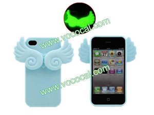 Luminous Cute 3D Angel Wing TPU Stand Case Cover Skin for iPhone 4 4S Blue