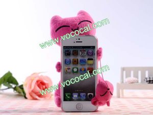 3D Cute Cartoon Plush Smile Cat Doll Case Cover Skin for iPhone 5 Rose