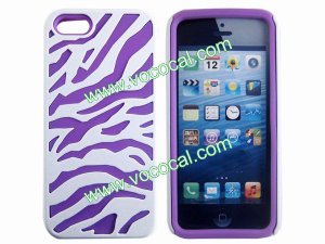 Dual Color Zebra Combo PC Silicone Case Cover Skin for iPhone 5 Purple+White
