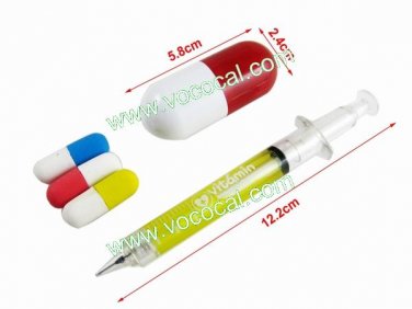 Cute Interesting Syringe Pencil + Capsule Shape Retractable Ball Pen Eraser Set
