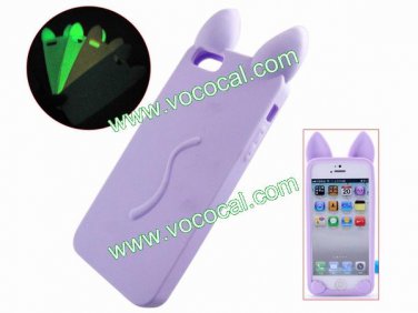 Noctilucent Cute 3D Cartoon Cat Silicone Case Cover for iPhone 5 Light Purple