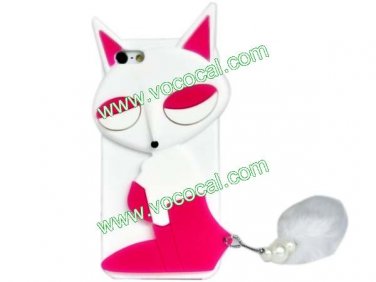 3D Cute Cartoon Soft Silicone Fox Animal Case Cover for iPhone 5 With Tail White