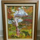 1970-1989 Vintage tree landscape painting in wood frame artist initials AEM 1985