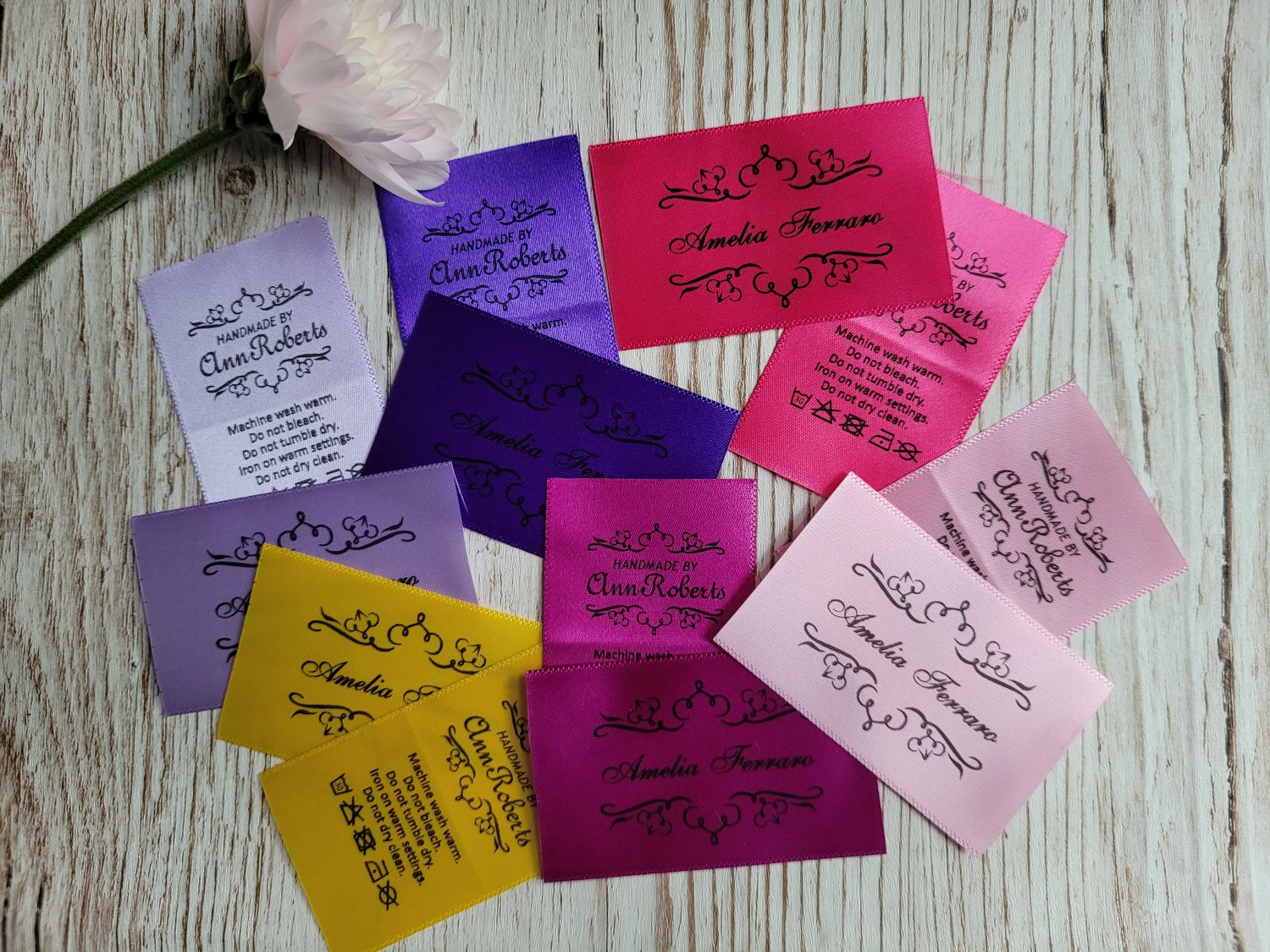 QTY 100 - 1 1/2 Inch 38 mm Satin Labels Various Colors Clothing Labels. Personalized labels