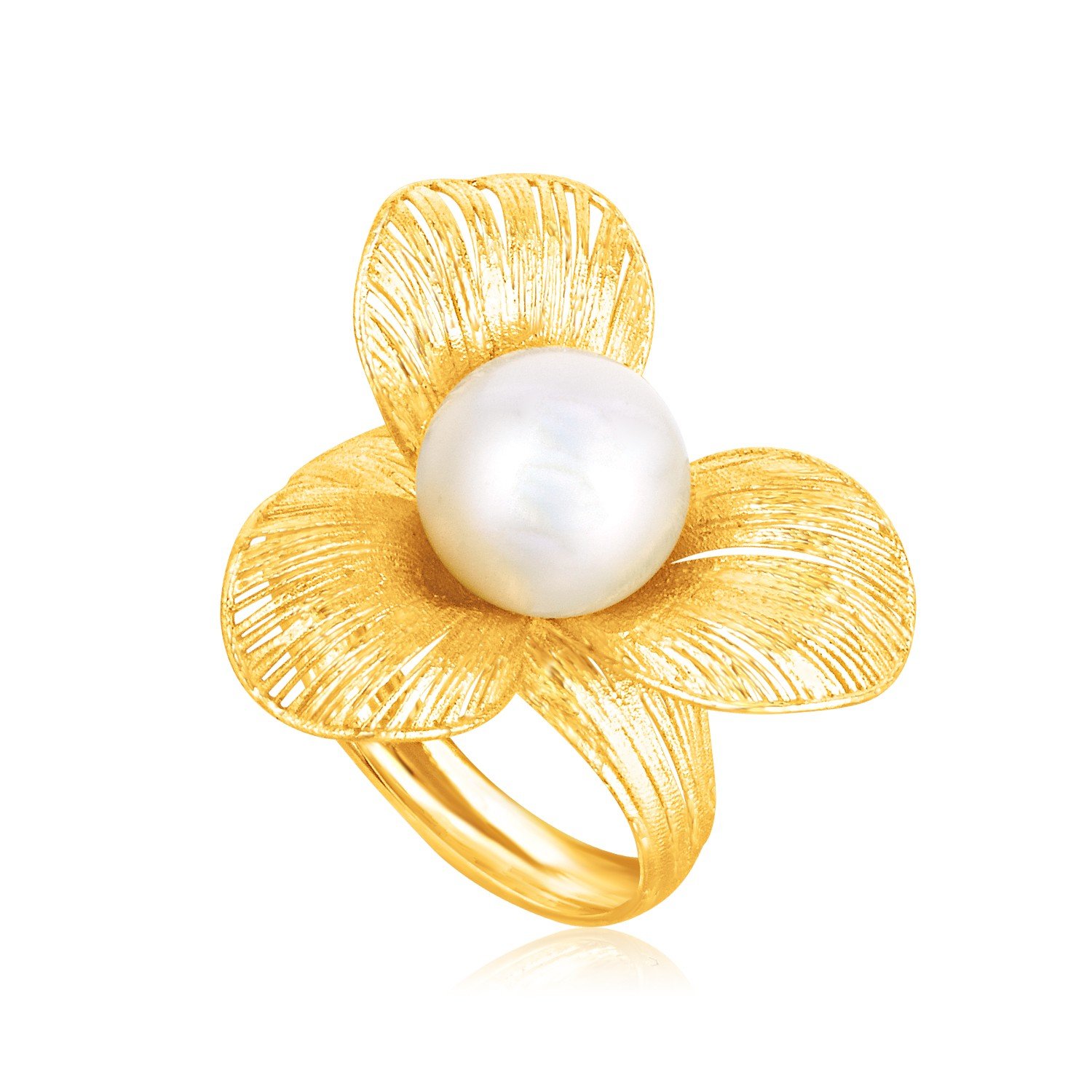 Italian Design 14K Yellow Gold Filament Trefoil Pearl Ring