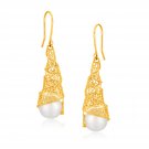 Italian Design 14K Yellow Gold Crochet Tight Spiral Earrings with Cultured Pearl