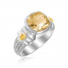 18K Yellow Gold & Sterling Silver Fleur De Lis Ring with Cushion Citrine Accent 18K Yellow Gold & Sterling Silver Fleur De Lis Ring with Cushion Citrine Accent