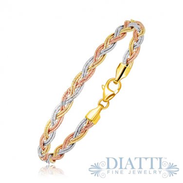 14K Tri-Tone Gold Braided Design Multi Strand Mirror Spring Bracelet