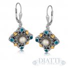 18K Yellow Gold and Sterling Silver Earrings with Pearl and Blue Topaz