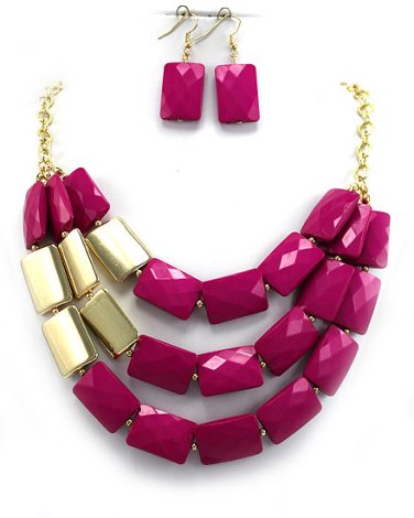 FUCHSIA BUBBLE STATEMENT NECKLACE SET