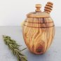 Rustic & Unique Olive Wood Honey Pot Jar with Honey Dipper Spoon / Wedding Gift