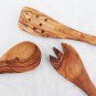 Engraved Olive Wood Kitchen Cooking Utensils, 1 Pierced Spatula, 1 Spoon, 1 Spor