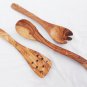 Engraved Olive Wood Kitchen Cooking Utensils, 1 Pierced Spatula, 1 Spoon, 1 Spor