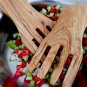 Engraved Olive Wood Salad Hands Mixing Serving Tongs Set / Wooden Kitchen Cookin