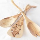 Engraved Set of 3 Olive Wood Medium Utensils : 1 Curved Spoon, 1 Curved Spork, 1