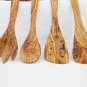 Olive Wood Utensils :  1 Spatula, 1 pierced Spatula, 1 Spoon, 1 Spork