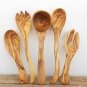Olive Wood Kitchen Utensil Set : 1 Ladle, 2 Salad Servers, 2 Mixing Cooking Spoo