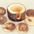 Custom Coaster set with Rustic Holder, Natural Edges Olive Wood Coaster set, Per Custom Coaster set with Rustic Holder, Natural Edges Olive Wood Coaster set, Per