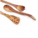 Olive Wood Kitchen Cooking Utensils, 1 Pierced Spatula, 1 Spoon, 1 Spork, Wooden Olive Wood Kitchen Cooking Utensils, 1 Pierced Spatula, 1 Spoon, 1 Spork, Wooden