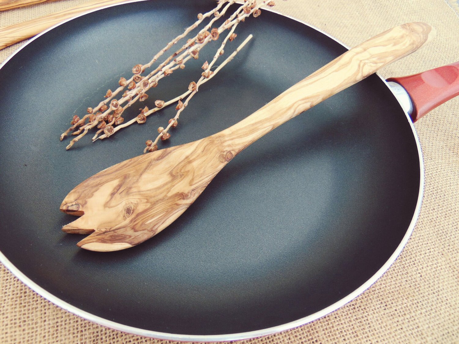 Rustic Olive Wood Spoon Fork 12 inch / Wooden Kitchen Cooking Serving Spork