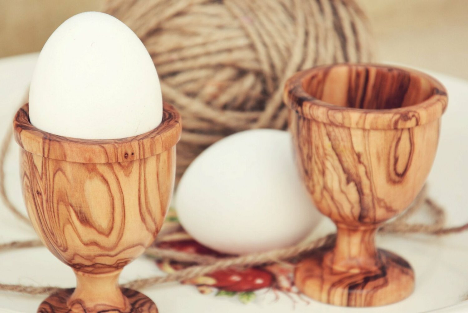 Unique Rustic Olive Wood Egg Cup Set, Hand-carved wooden egg holder set