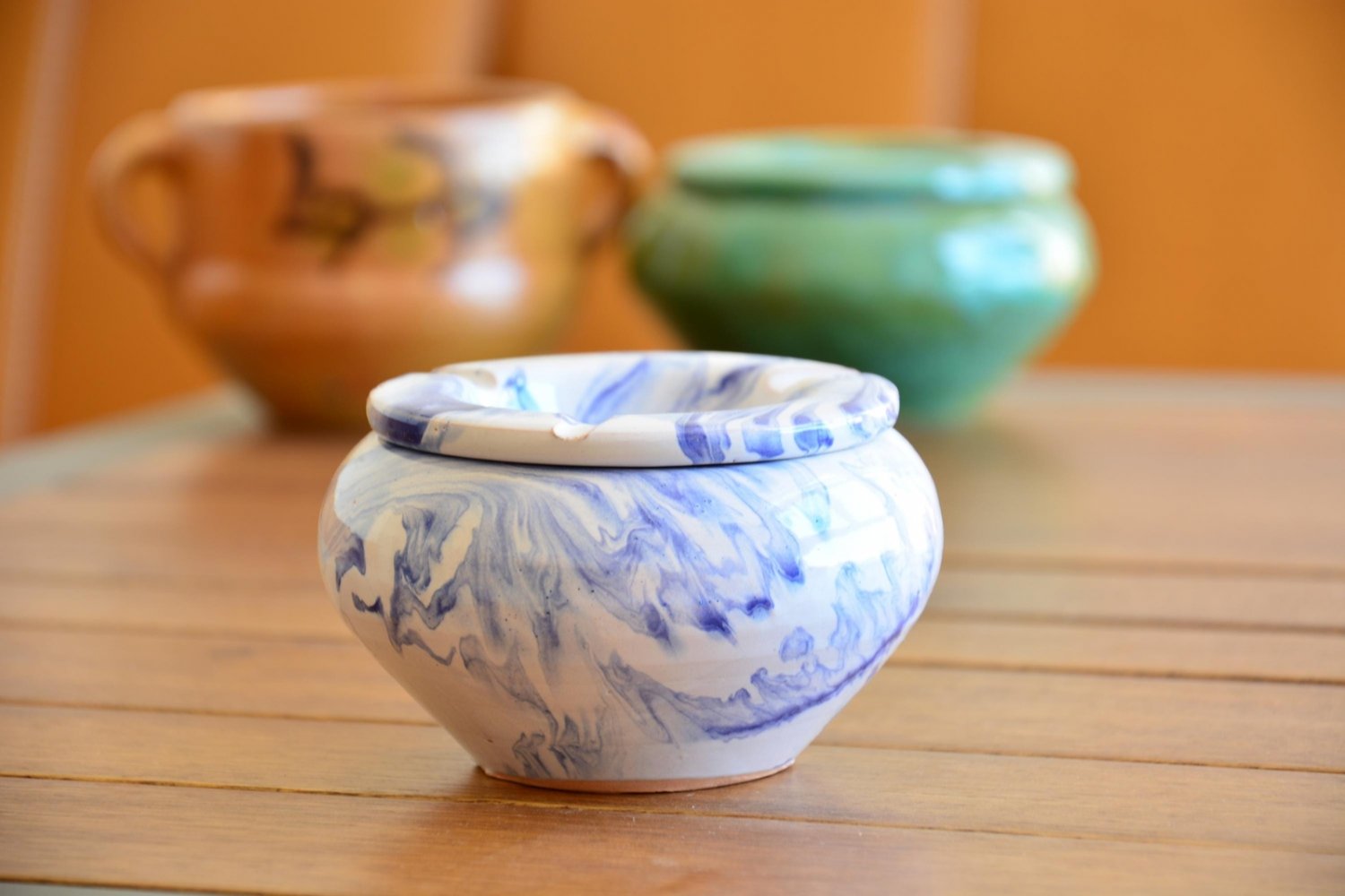 Moroccan Ceramic Ashtray - White  Blue Marble Design Unique Christmas Gift