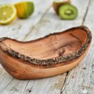 Olive Wood Rustic Oval Bowl - Natural Bark Boat Shaped Kitchen Decor