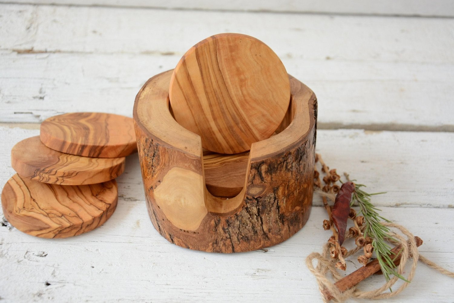 Rustic Wooden Coaster Set - Natural Edges with Holder Wedding Gift
