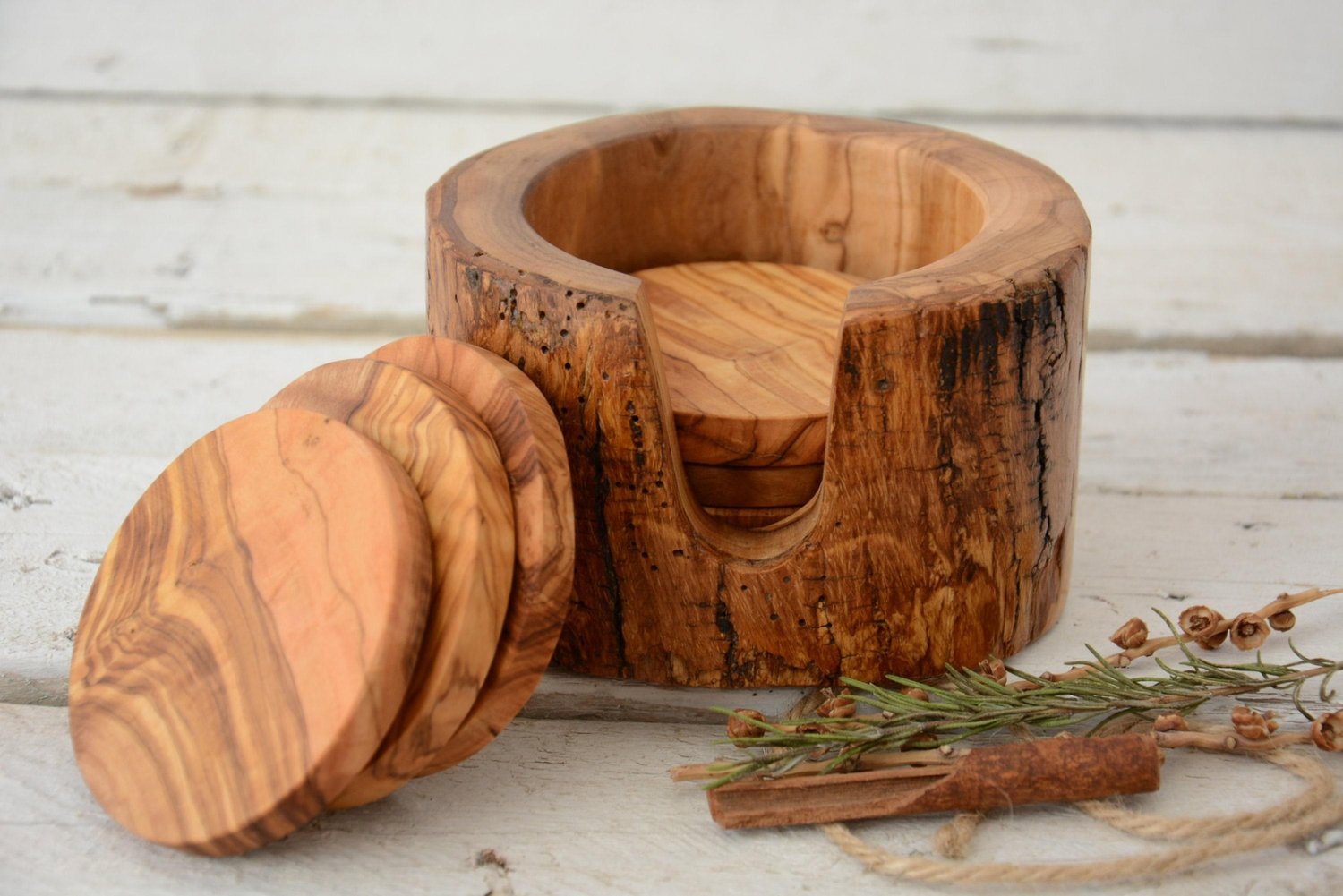 Rustic Wooden Coaster Set - Natural Edge Coasters with Holder