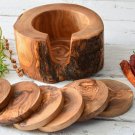 Rustic Wooden Coaster Set with Holder - Natural Edges Wedding Decor