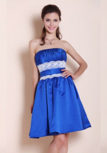 A-line Strapless Knee-length Satin Lace Short Prom Dresses