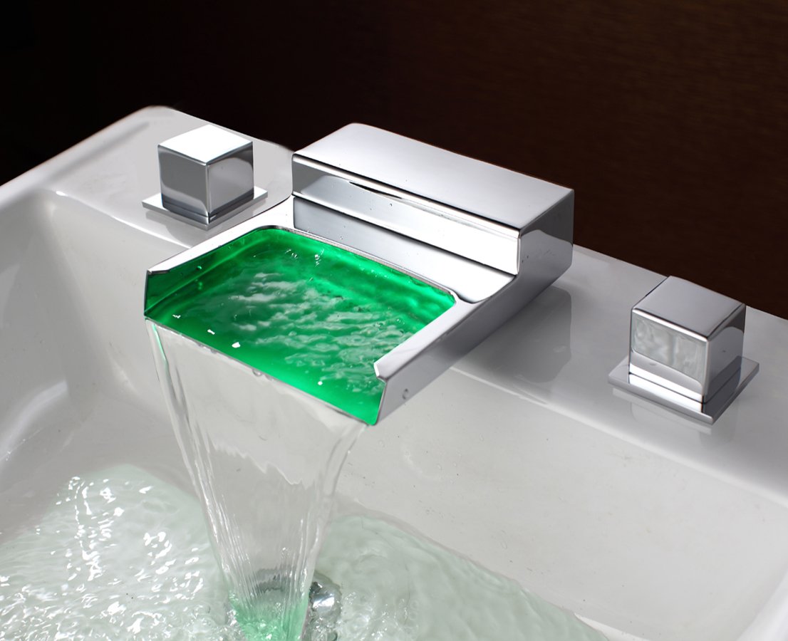Contemporary 3 Color Changing LED Waterfall Bathroom Sink Faucet LED LAVTORY SINK FAUCET