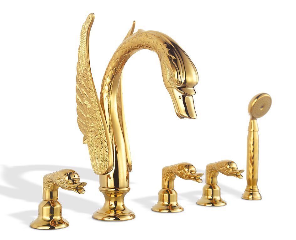 Free shipping PVD Gold finish 5pcs swan bathtub and shower faucet