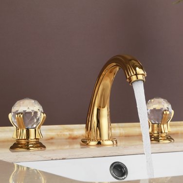 Luxury Gold crystal Solid brass Three Holes 8" Widespread Bathroom Sink Faucet