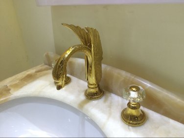 Gold Colour 3 pcs swan sink faucet widespread lavatory basin mixer tap Deck mounted Crystal handles