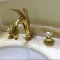 Gold Colour 3 pcs swan sink faucet widespread lavatory basin mixer tap Deck mounted Crystal handles