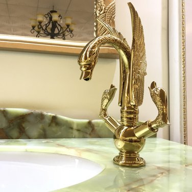 GOLD PVD single hole Double SWAN handles bathroom basin swan faucet mixer tap New