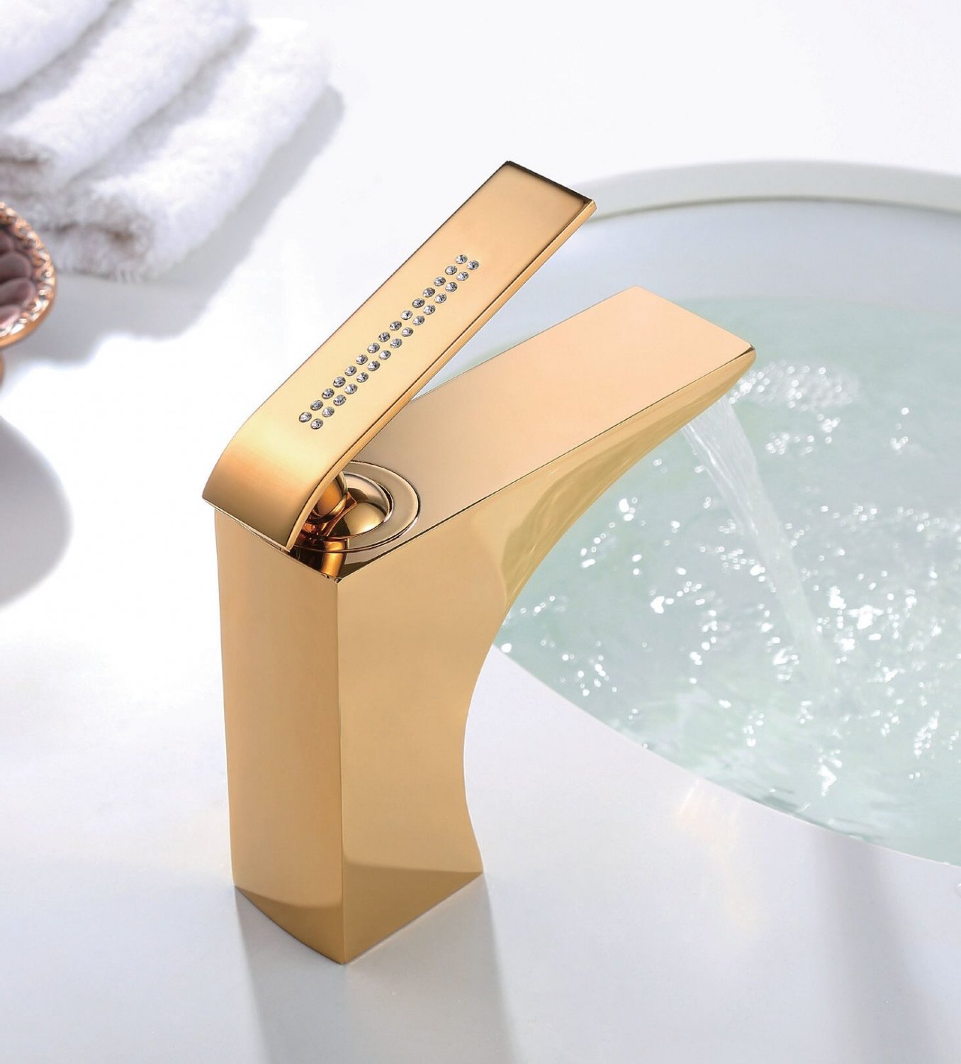 Gold COLOR single hole bathroom lavatory sink faucet mixer tap Square crystal handles MODERN
