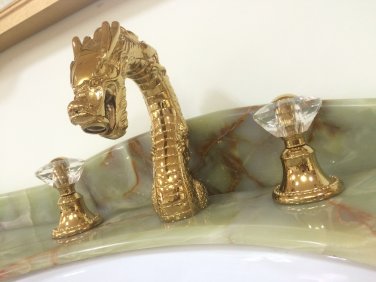 Gold color 3 Pcs 8" WIDESPREAD LAVATORY BATHROOM SINK DRAGON FAUCET crystal