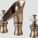 Antique brass 3 Pieces Widespread Basin Lav sink Faucet Waterfall Mixer Tap crystal handles