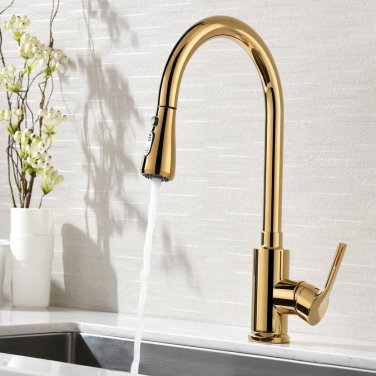 Brass Gold Polished Kitchen Sink Faucet Pull Out Sprayer Spout Mixer Basin Tap