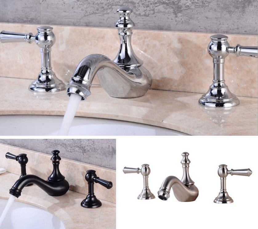 Widespread 3 hole Bathroom Basin Sink Faucet Hot Cold Mixer Two Handles Tap Deck Mount