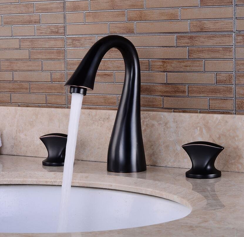 Black Widespread 3 hole Bathroom Basin Sink Faucet Hot Cold Mixer Two Handles Tap Deck Mount