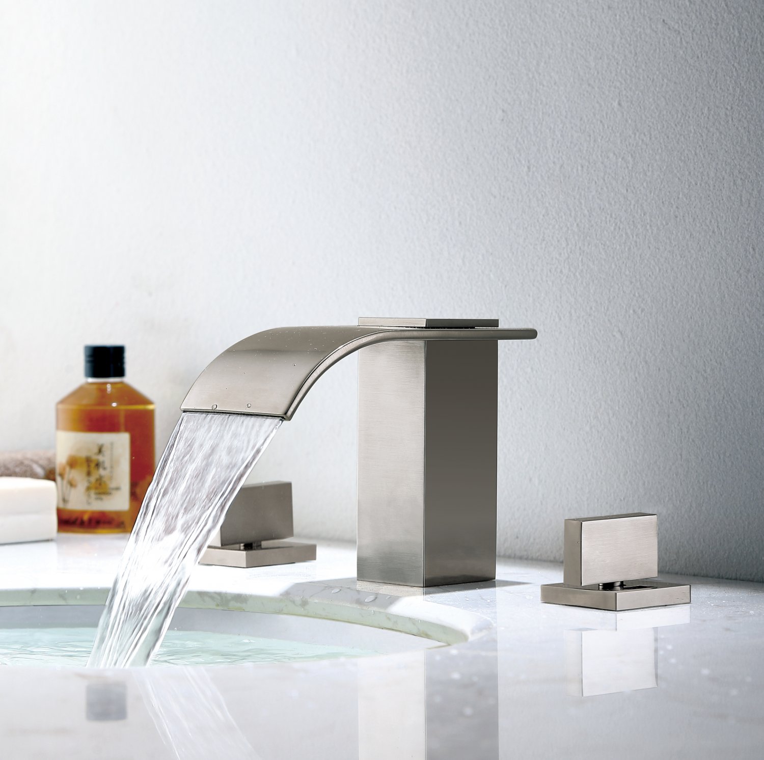 Waterfall Modern Widespread Sink Faucet Solid Brass Bathroom Tap Brushed Nickel
